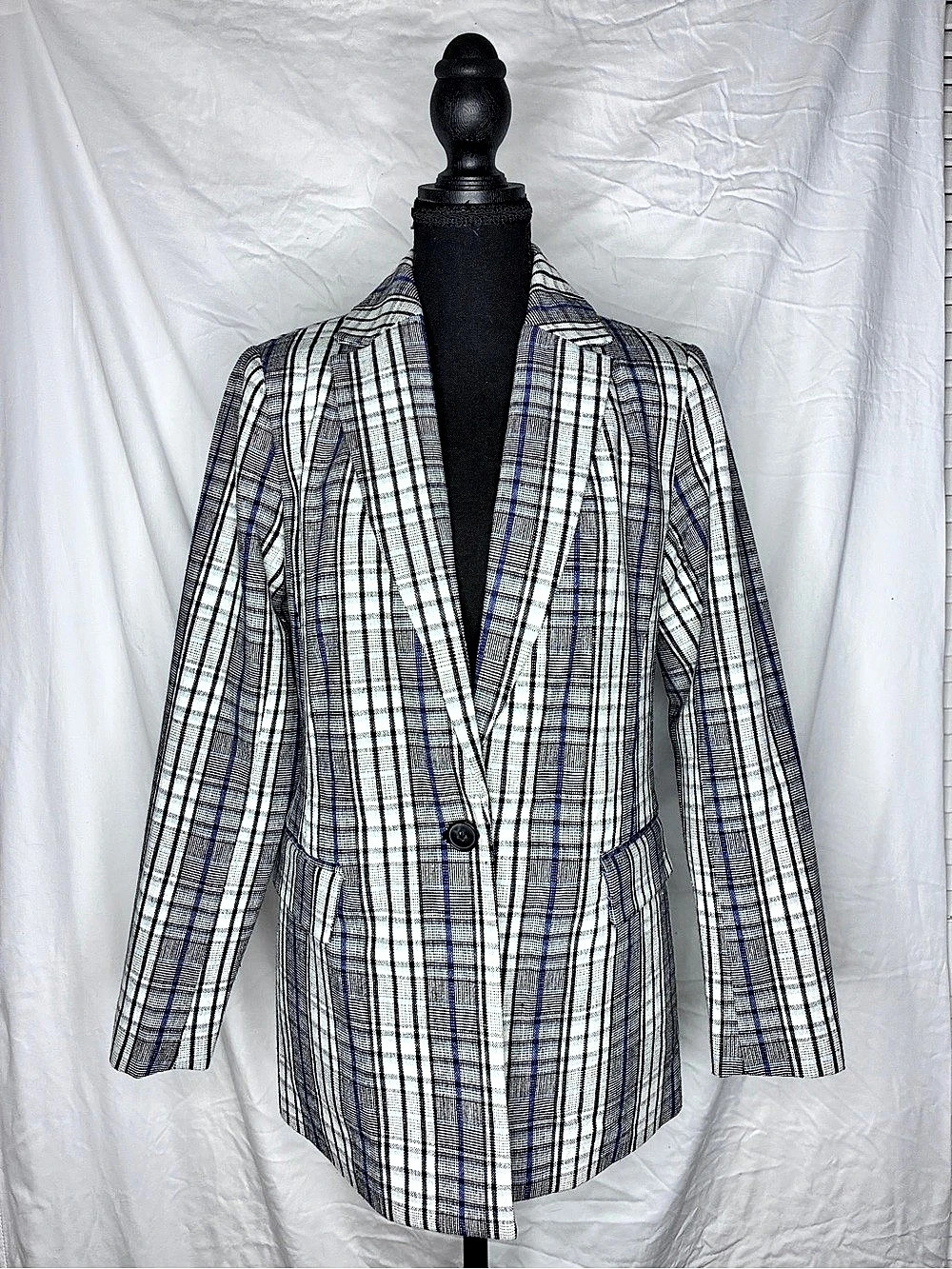 Nine West XS Plaid Blazer White Black Blue Tailored Jacket